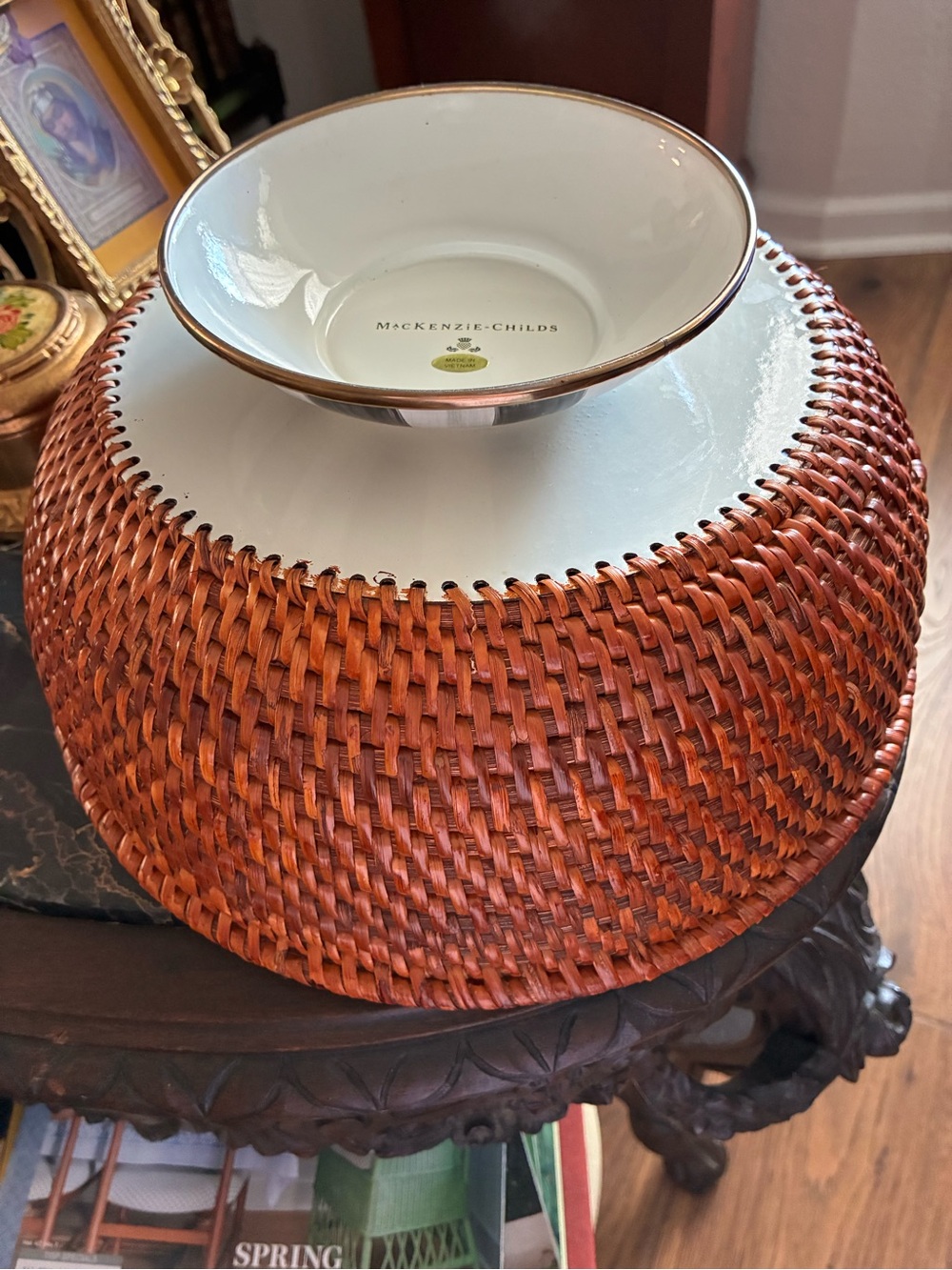 McKenzie Childs Courtly Check Wicker Bowl with Black & White Enamel Base - Picture 5 of 6